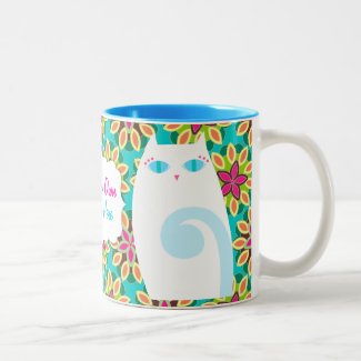 Pretty White Kitty on Floral - Custom Mug