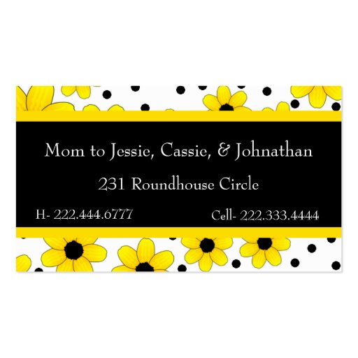 Pretty Yellow & Black Flowers Mommy Card Business Cards (back side)