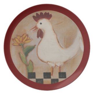 Primitive Chicken and Flower Painting