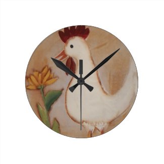 Primitive Chicken and Flower Painting Wall Clock