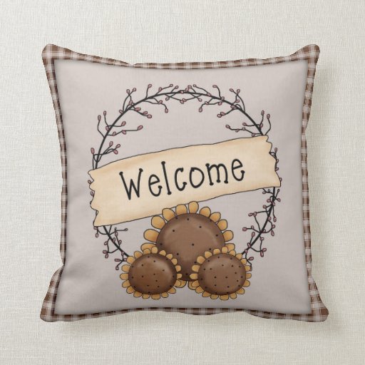 Primitive Country Sunflower Welcome Wreath Throw Pillow Zazzle