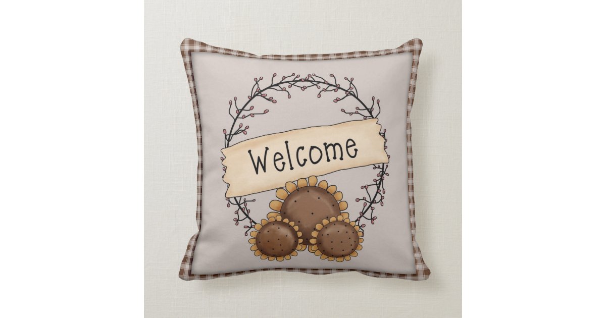 Primitive Country Sunflower Welcome Wreath Throw Pillow Zazzle