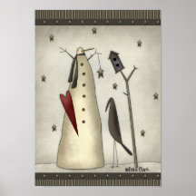 Primitive Snowman, Birdhouse, Crow Print
