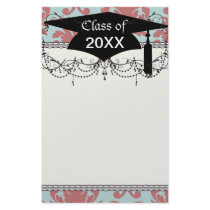 primrose red and muted aqua damask customized stationery