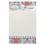 primrose red and muted aqua damask stationery design