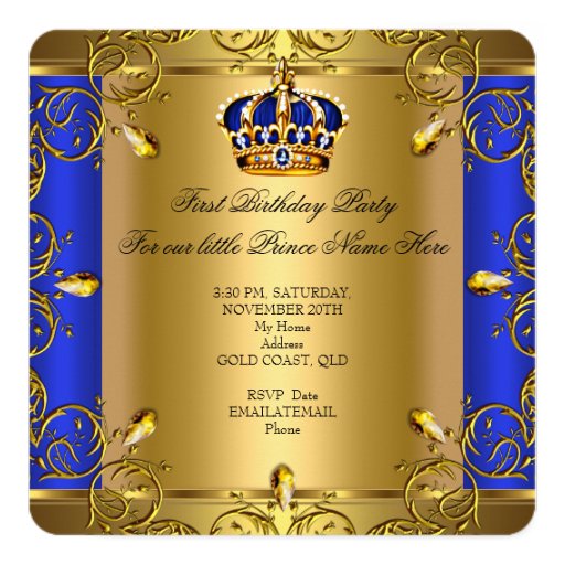 Prince 1st Birthday Boy Royal Blue Gold Crown Invitation Cards