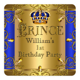 Prince 1st Birthday Boy Royal Blue Gold Crown 5.25x5.25 Square Paper Invitation Card