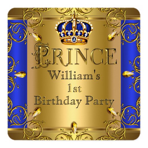 Prince 1st Birthday Boy Royal Blue Gold Crown Invitation Cards (front side)