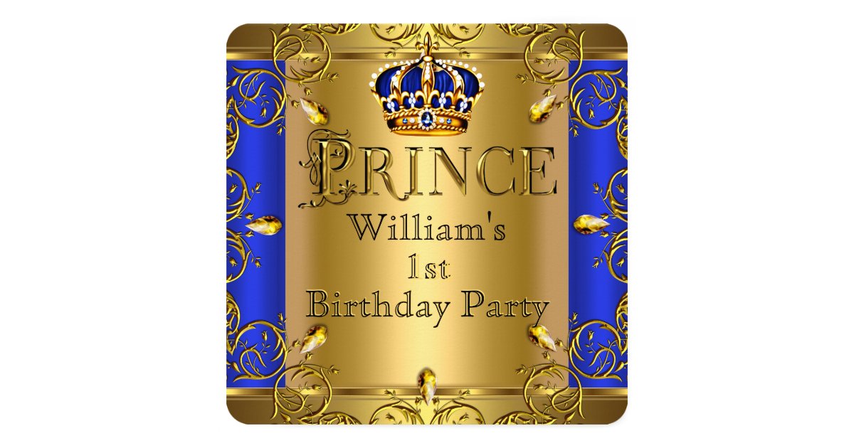 Prince 1st Birthday Boy Royal Blue Gold Crown Invitation Cards