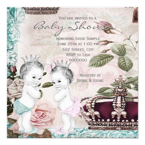 Prince and Princess Twin Baby Shower Custom Invitations