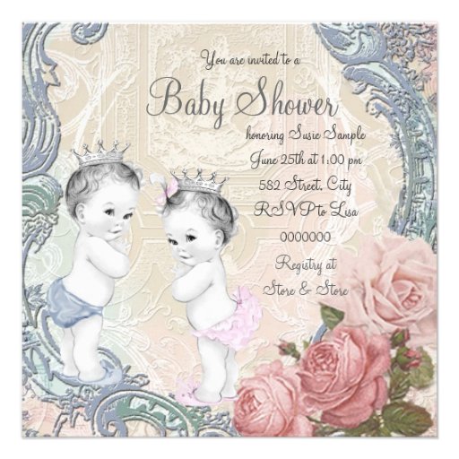 Prince and Princess Twin Baby Shower Invitation (front side)
