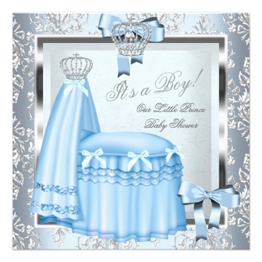 Prince Baby Shower Baby Boy Blue Damask Crown 4F Invites
