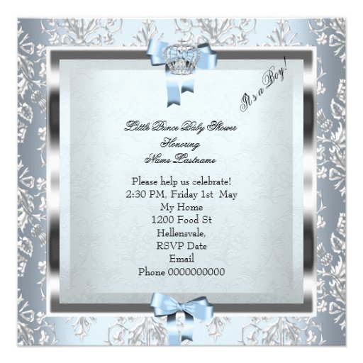 Prince Baby Shower Baby Boy Blue Damask Crown 4F Invites