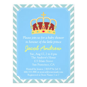 Prince Crown Baby Shower Blue White Chevron Invite
