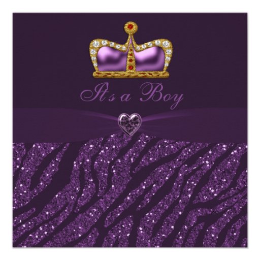 Prince Crown, Heart & Zebra Glitter Baby Shower Personalized Invitations