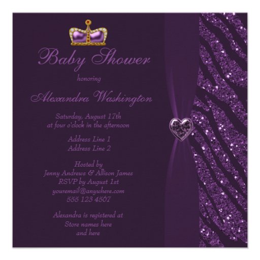 Prince Crown, Heart & Zebra Glitter Baby Shower Personalized Invitations