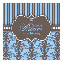 Prince Damask & Stripe Black & Blue Baby Shower Personalized Announcement