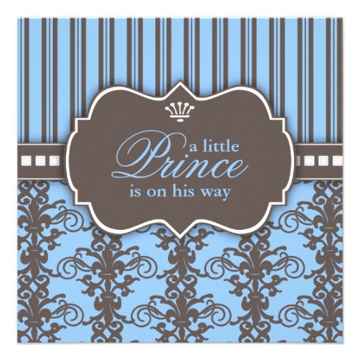 Prince Damask & Stripe Black & Blue Baby Shower Personalized Announcement