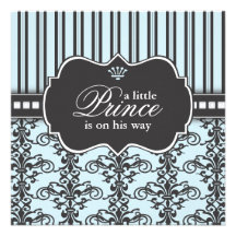 Prince Damask & Stripe Black & Blue Baby Shower Personalized Invitation