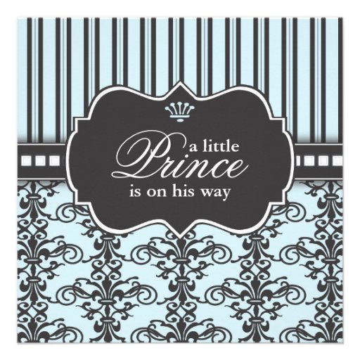 Prince Damask & Stripe Black & Blue Baby Shower Personalized Invitation