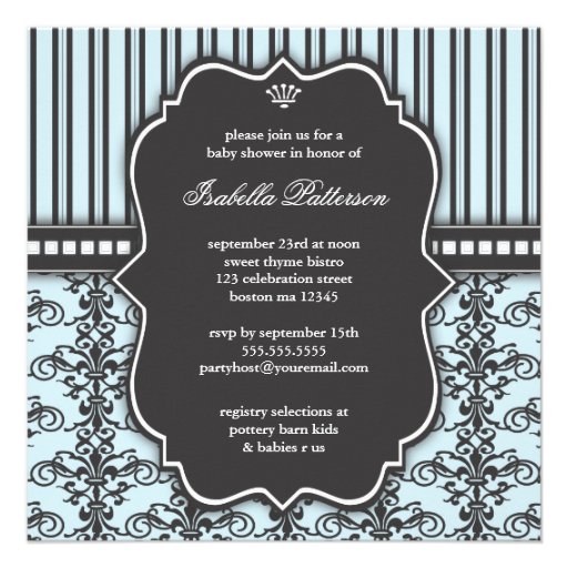 Prince Damask & Stripe Black & Blue Baby Shower Personalized Invitation