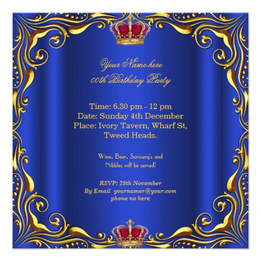 Prince King Red Gold Royal Blue Crown Birthday Personalized Announcements