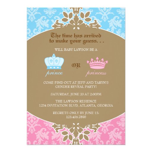 Prince or Princess Damask Gender Reveal Party Personalized Invitations (front side)