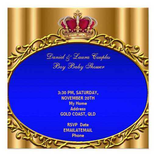 Prince Royal Blue Boy Baby Shower Crown Gold Custom Invites