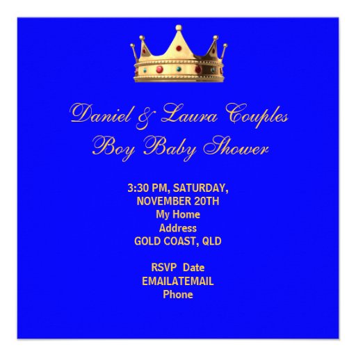 Prince Royal Blue Boy Baby Shower Crown Custom Announcements