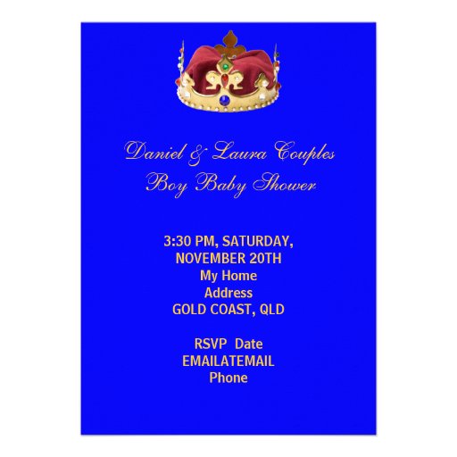 Prince Royal Blue Boy Baby Shower Crown Personalized Invite
