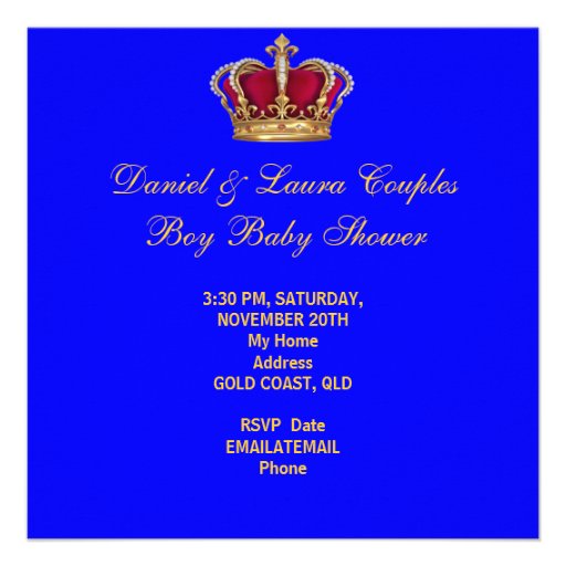 Prince Royal Blue Boy Baby Shower Crown Custom Invitations