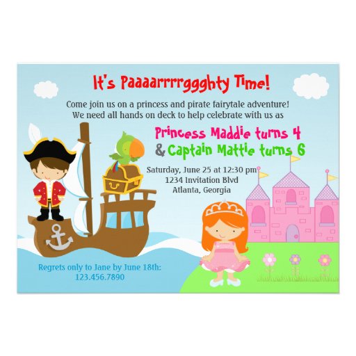 Princess and Pirate Twins Joint Birthday Party Invite