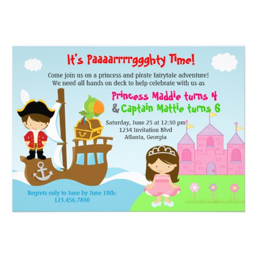 Princess and Pirate Twins Joint Birthday Party Personalized Announcement