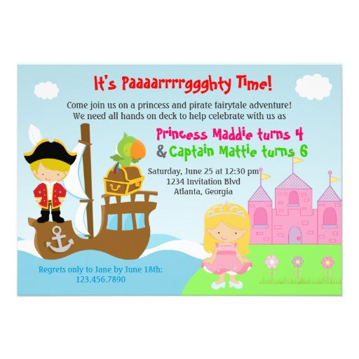 Princess and Pirate Twins Joint Birthday Party Personalized Invitation