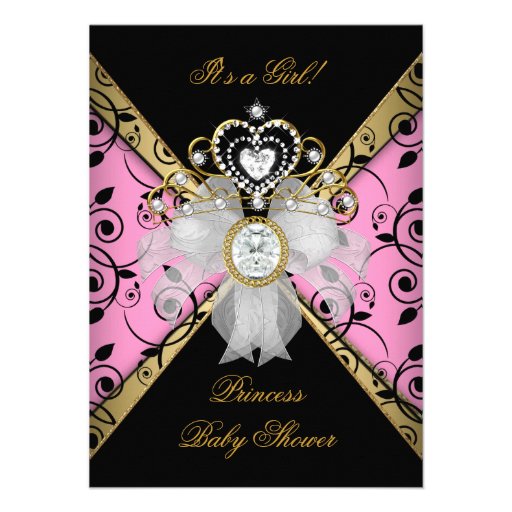 Princess Baby Shower Girl Damask Black Pink Custom Announcement