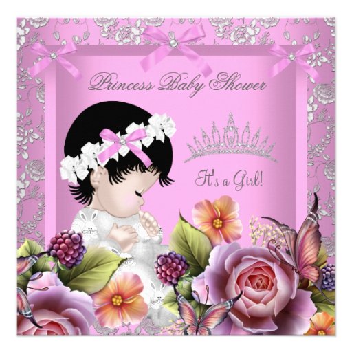 Princess Baby Shower Girl Pink Rose Tiara Damask Personalized Invite