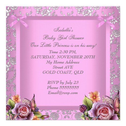 Princess Baby Shower Girl Pink Rose Tiara Damask Personalized Invite