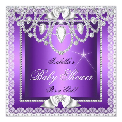 Princess Baby Shower Girl Purple Lace Diamond 2 Personalized Invites