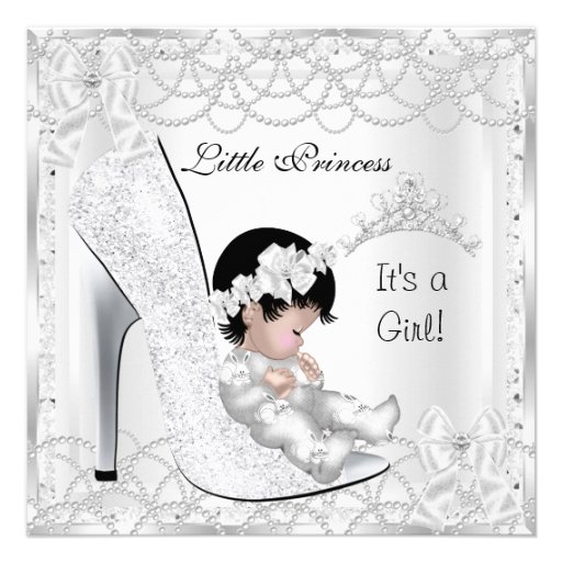 Princess Baby Shower Girl Silver White Pearl Custom Announcements