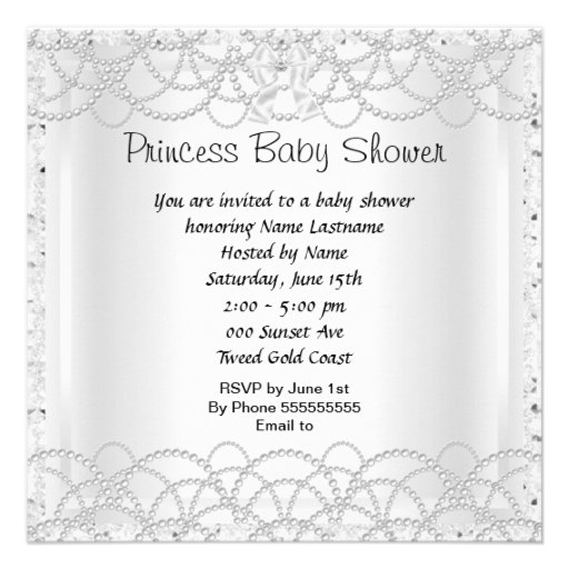 Princess Baby Shower Girl Silver White Pearl Custom Announcements