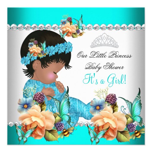 Princess Baby Shower Girl Teal Blue Flowers Personalized Invitations