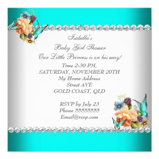 Princess Baby Shower Girl Teal Blue Flowers Personalized Invitations
