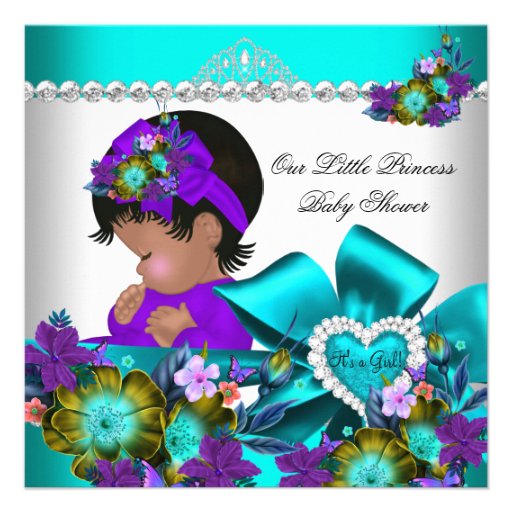 Princess Baby Shower Girl Teal Blue Purple 3 Announcement (front side)