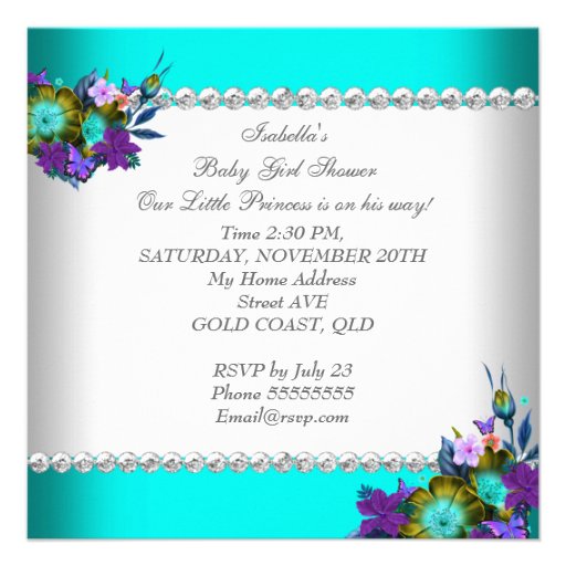 Princess Baby Shower Girl Teal Blue Purple 3 Announcement