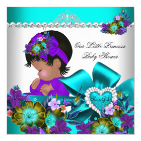 Princess Baby Shower Girl Teal Blue Purple 3 5.25x5.25 Square Paper Invitation Card