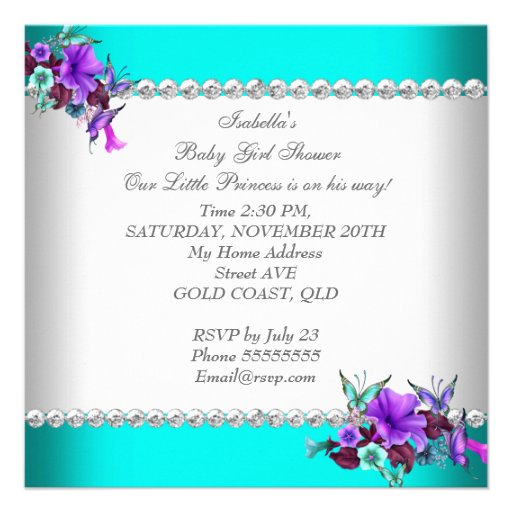 Princess Baby Shower Girl Teal Blue Purple 3 Announcements