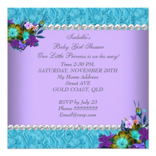 Princess Baby Shower Girl Teal Blue Purple Personalized Invitation