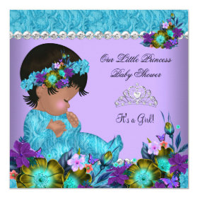 Princess Baby Shower Girl Teal Blue Purple 5.25x5.25 Square Paper Invitation Card