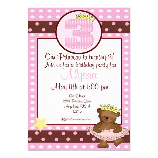 Princess bear girls 3rd birthday invitation