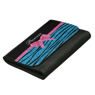 Princess blue glitter zebra stripes pink bow wallet
